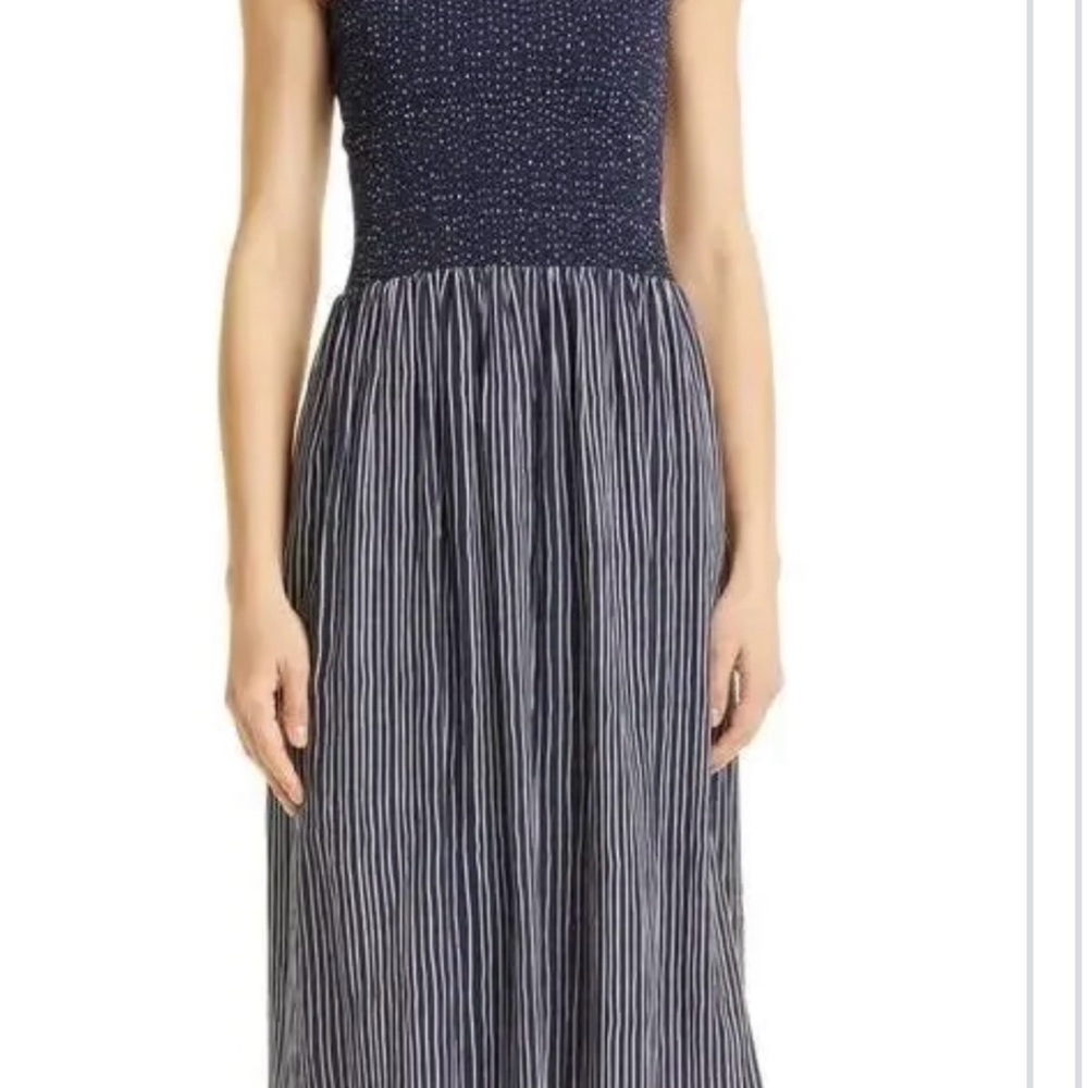 rag & bone Navy and White Smocked Bodice Striped Strapless Dress